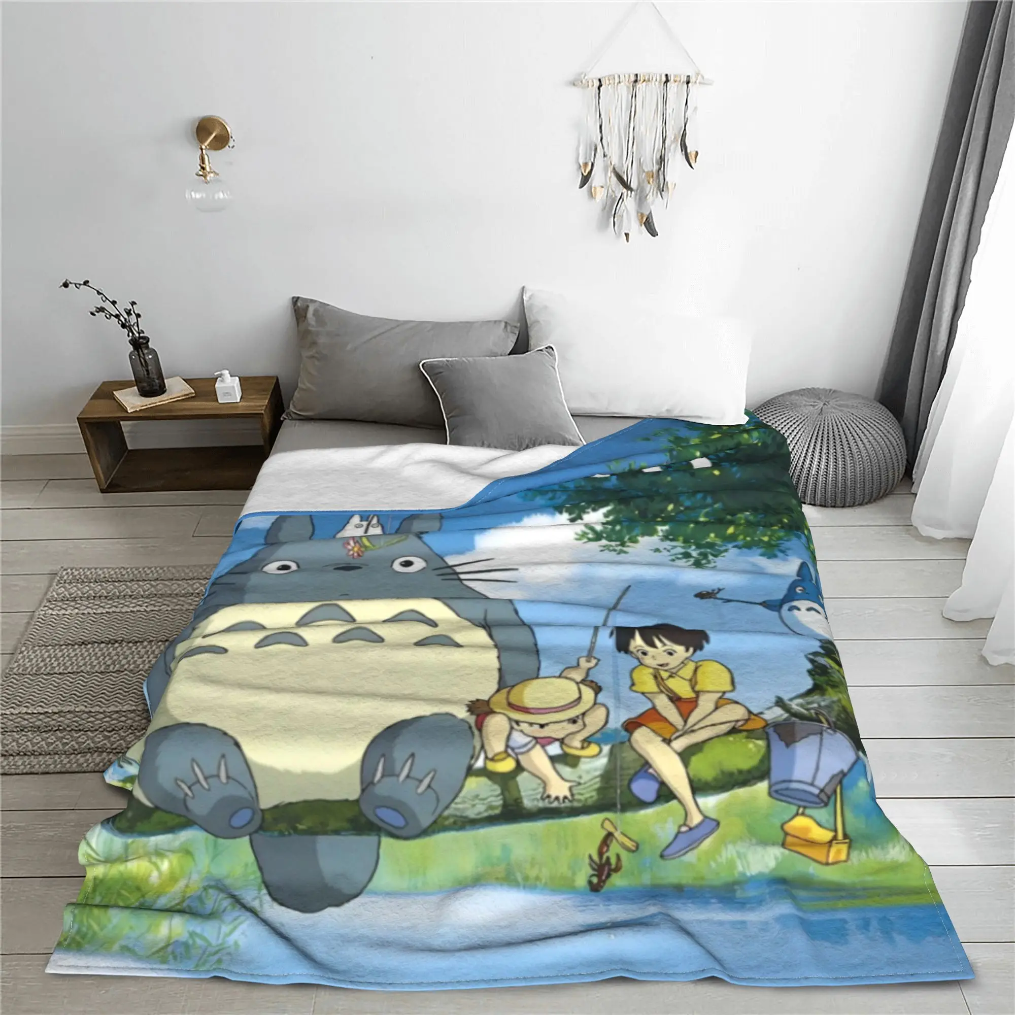 T-Totoros Fishing Anime Kawaii Flannel Blankets Cartoon Cute Novelty Throw Blanket Sofa Bedding Lounge Quilt Lightweight Thin