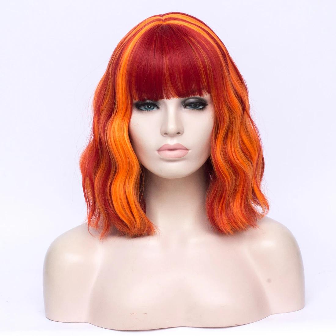 Short Curly orange-red highlights Bob Synthetic Wig with Bangs Women's role-playing hair heat-resistant.