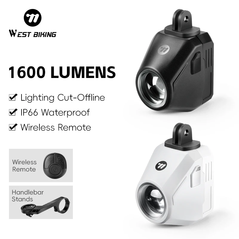 WEST BIKING 1600 Lumen Bike Light Wireless Remote Cycling Light IP66 Waterproof Hanging Bicycle Headlight High Bright Flashlight