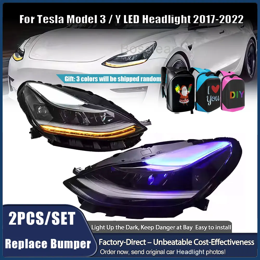 

LED Headlight Assemblies For Tesla Model 3 Model Y 2017 2018 2019 2020 2021 - 2024 Fog DRL Brake Turn Signal Lamps Plug and Play