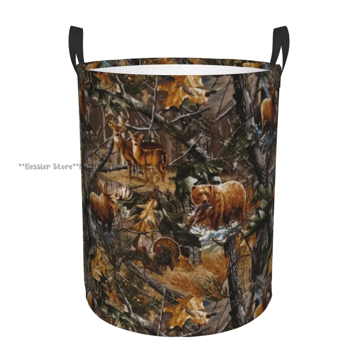

Laundry Basket Camouflage Tree Leaves And Animal Print Round Storage Bin Collapsible Hamper Clothes Bucket Organizer