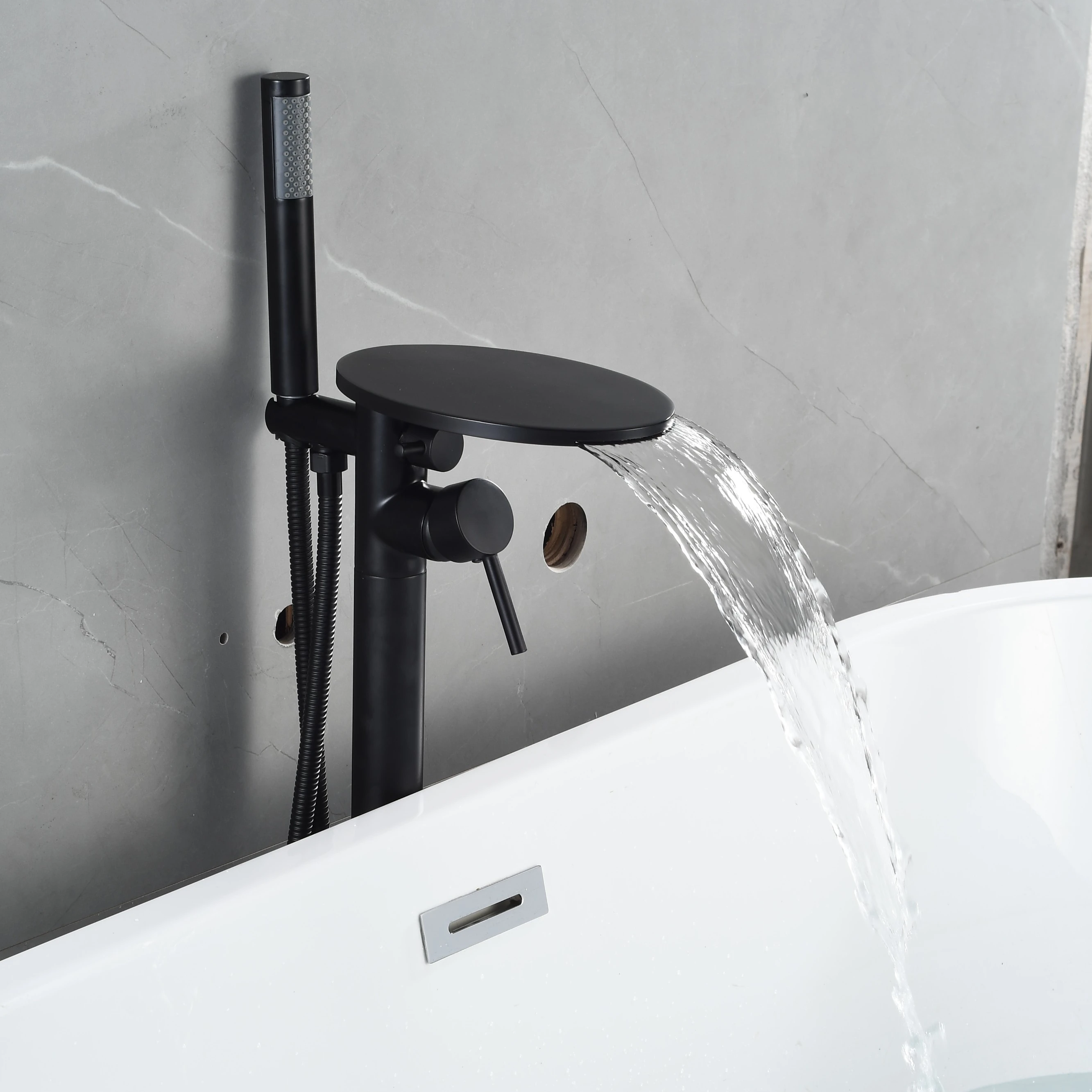 

Modern Bathroom Tub Faucet Spout Freestanding Bathtub Waterfall Faucet Black Taps Handheld Sprayer Set Bathtub & Shower Faucet