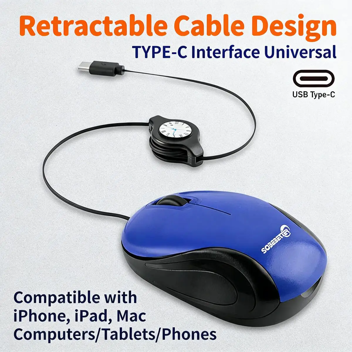 Retractable Wired Mini Mouse Silent Click Optical Plug-and-Play Ergonomic Wide Compatibility for Smartphone Tablet Office Study