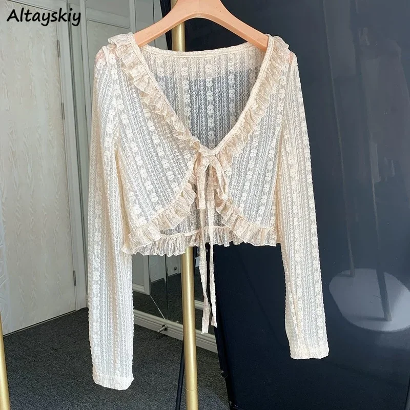 

Blouse Summer Elegant Lace Outerwear Long Sleeve Open Stitch Fashion Mature All-match Vintage French Style Leisure Comfort New