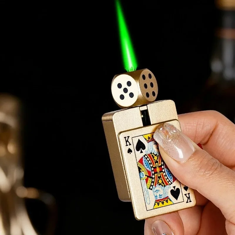 Tiktok Hot Sales RotatingDice Playing Card GasLighter DecompressionToy Tide Play Gas LighterGreen Flame WindproofLighter