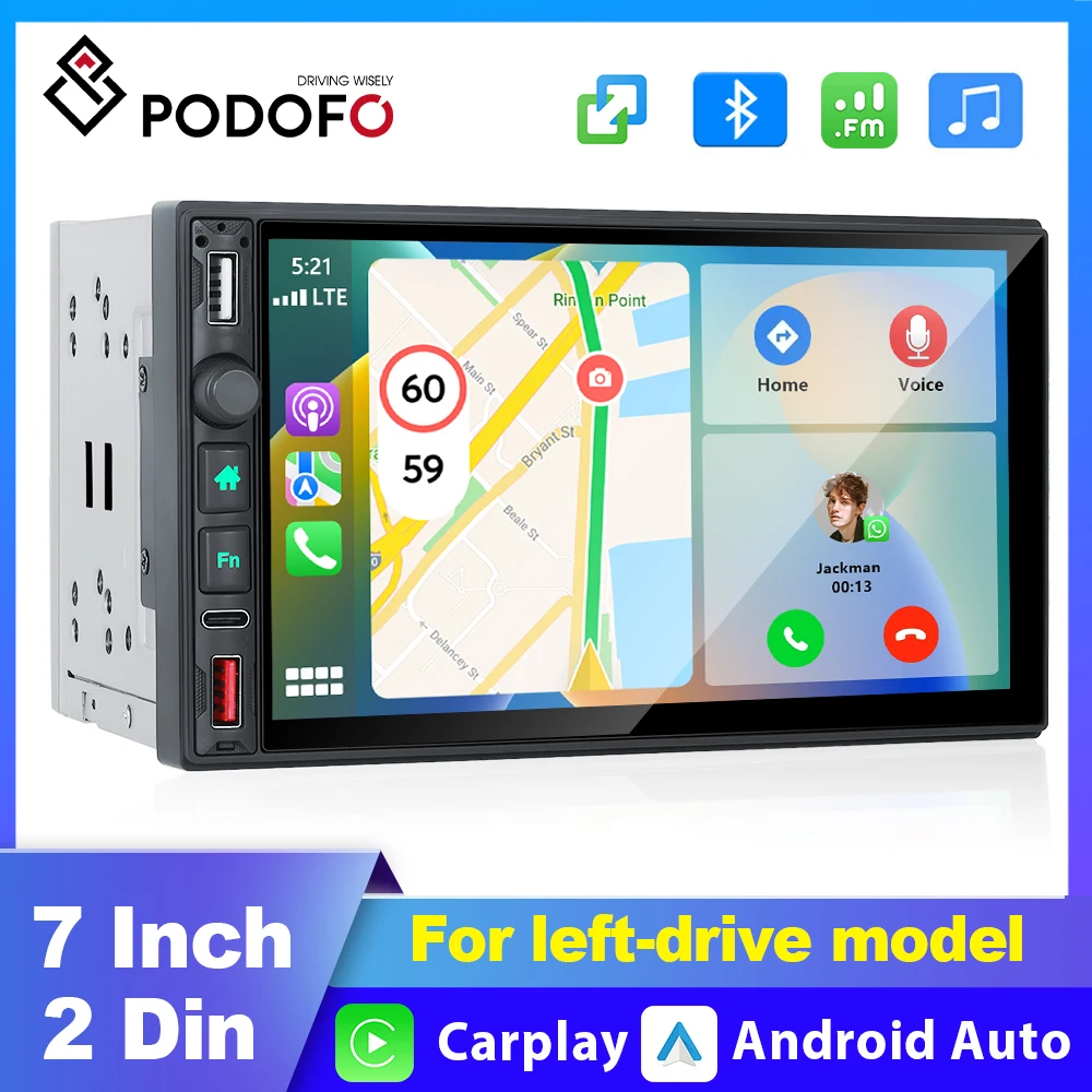 Podofo 7'' HD 1080P Car MP5 Player Carplay  FM AM Radio Receiver Suppport Rear Camera 2din Car Stereo Radio