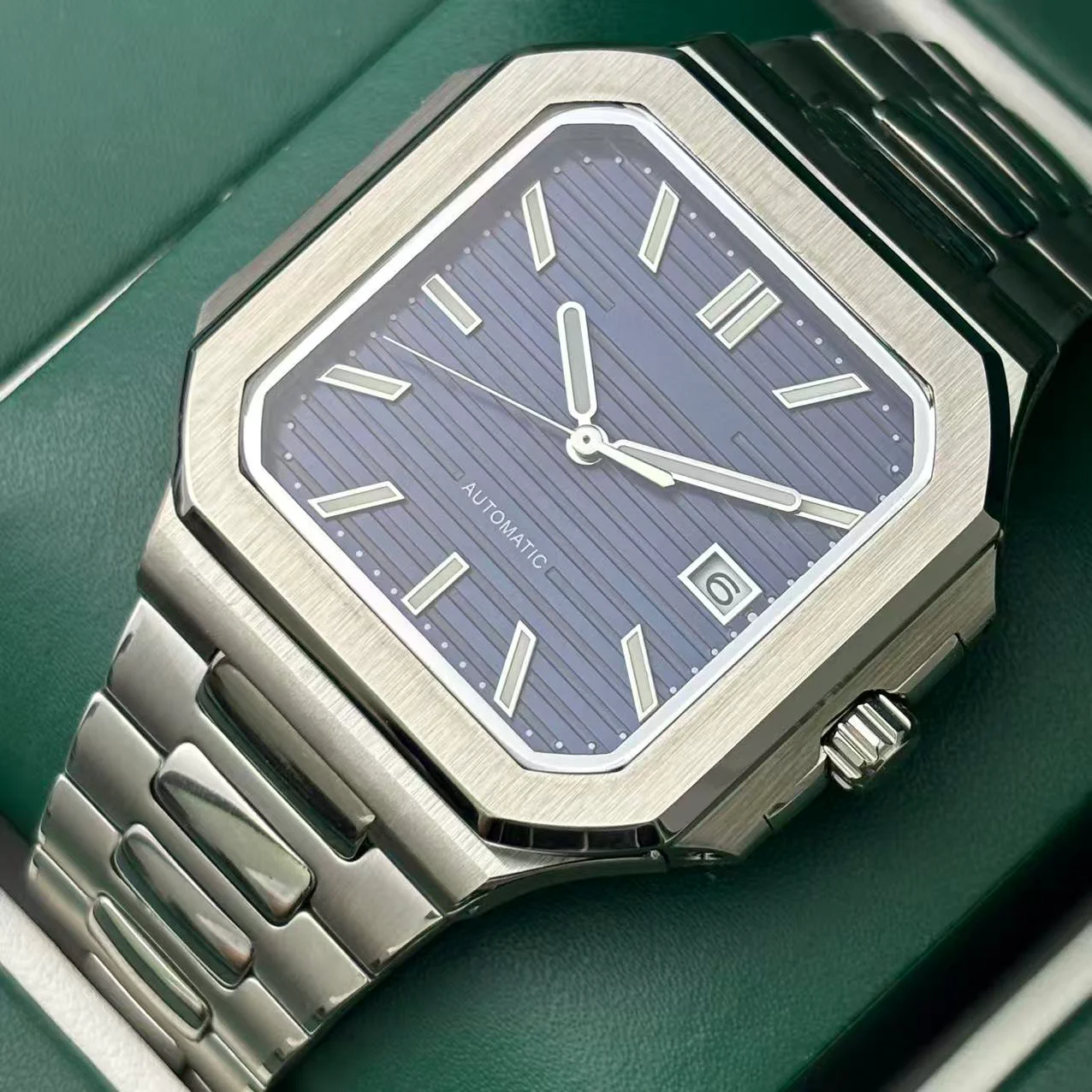 ساعة NH35 للرجال 38 ملم هيكل فولاذي مربع أسود ميكانيكية NH35 حركة أوتوماتيكية هدية تاريخ الموضة