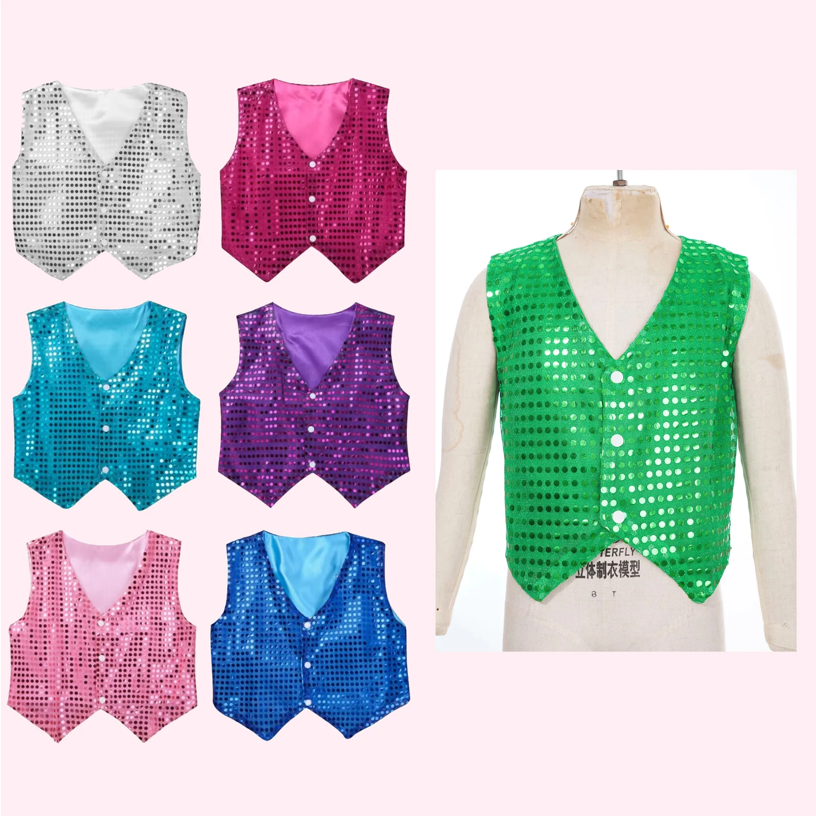 

Boys Girls Sequined Vest Waistcoat Glittery Choir Jazz Street Hip-hop Modern Dancewear Party Stage Performance Show Costume