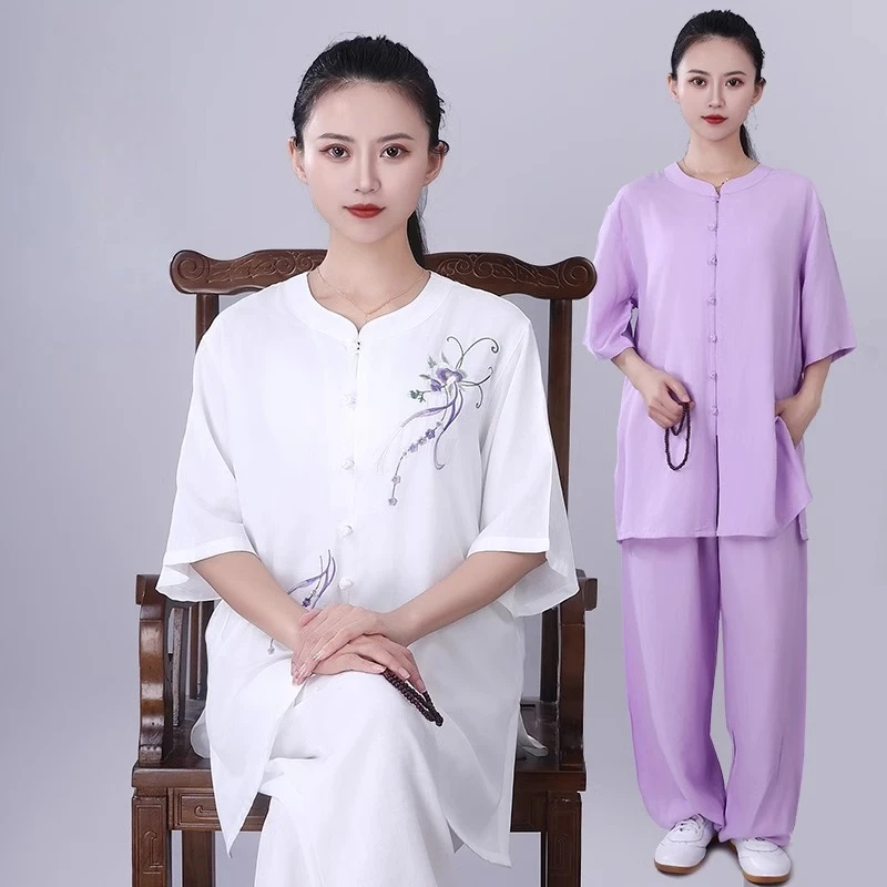 

Women's Linen Blend Tai Chi Kung Fu Suit Wudang Style Martial Arts Uniform Middle Sleeve Chinese Traditional Clothes for Summer