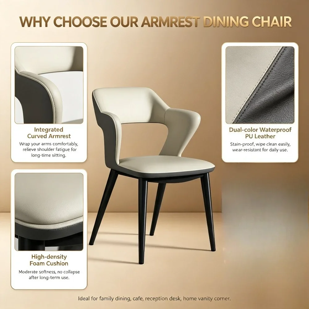 Modern Hollow Armrest Dining Chair Two-Tone PU Leather Luxury Side Chair For Dining Room Kitchen Living Room Cafe