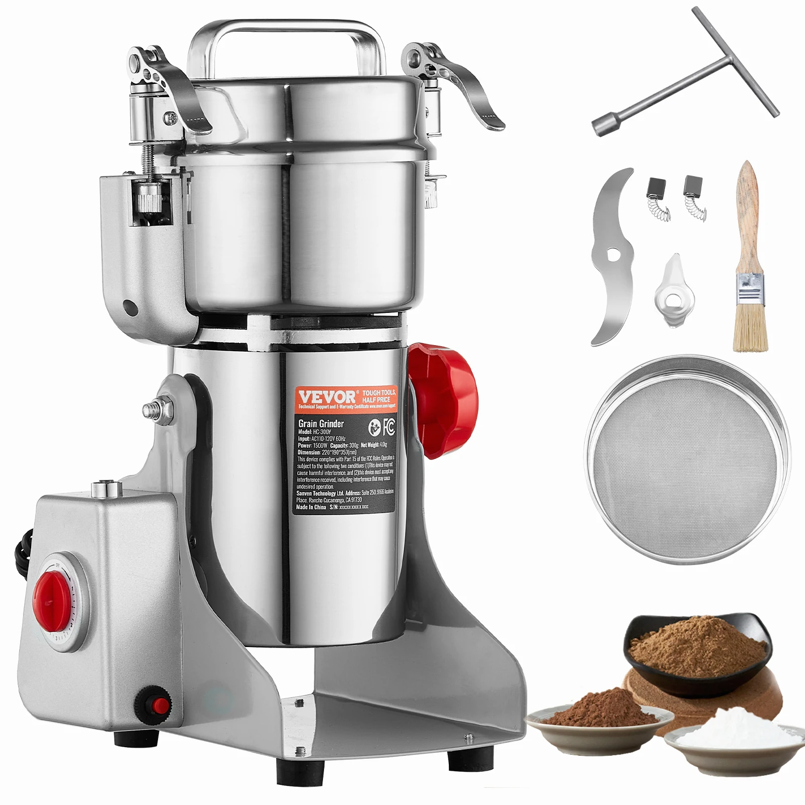 VEVOR 300g Electric Grain Mill Grinder, High Speed 1500W Commercial Spice Grinders, Stainless Steel Pulverizer Powder Machine