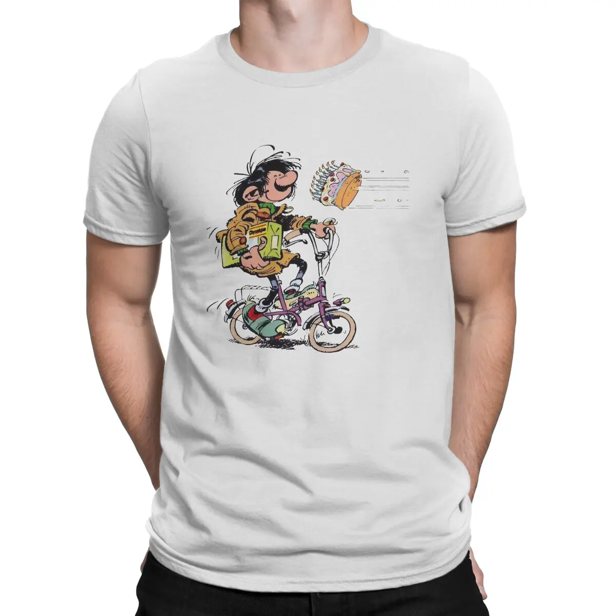 By Bike T-Shirts for Men Gaston Lagaffe Comics Vintage 100% Cotton Tees Round Neck Short Sleeve T Shirts Gift Idea Tops