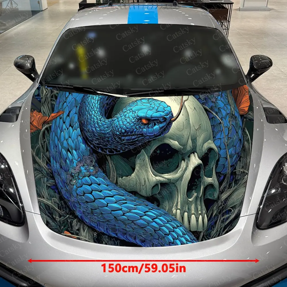 Cyan Snake Locked Skull Car Vinyl Wrap, PVC Waterproof Car Hood Sticker, Self-Adhesive Scratch-Resistant Stickers