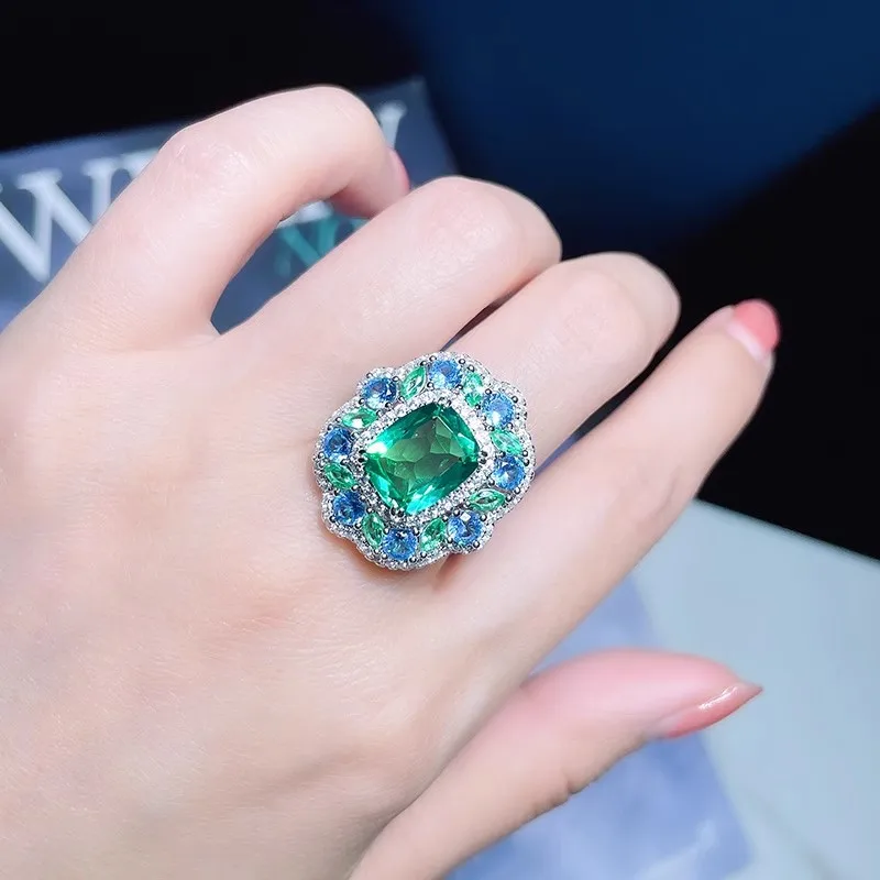 Damen Retro-Stil Zirkonia-Ring-Set mit Smaragd-Ohrringen und Anhänger-Halskette Modisches Accessoire Schmuck – Detail 10