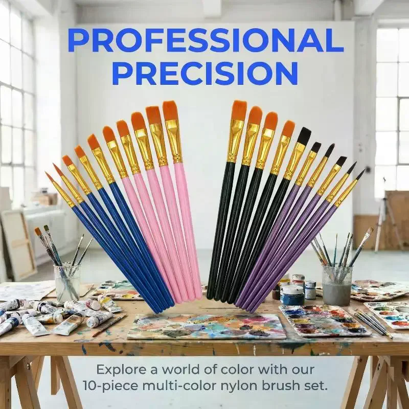 10pcs Professional Artist Paint Brushes Set Multi-functional Nylon Round Pointed Flat Tips Hook Line Paint Brush