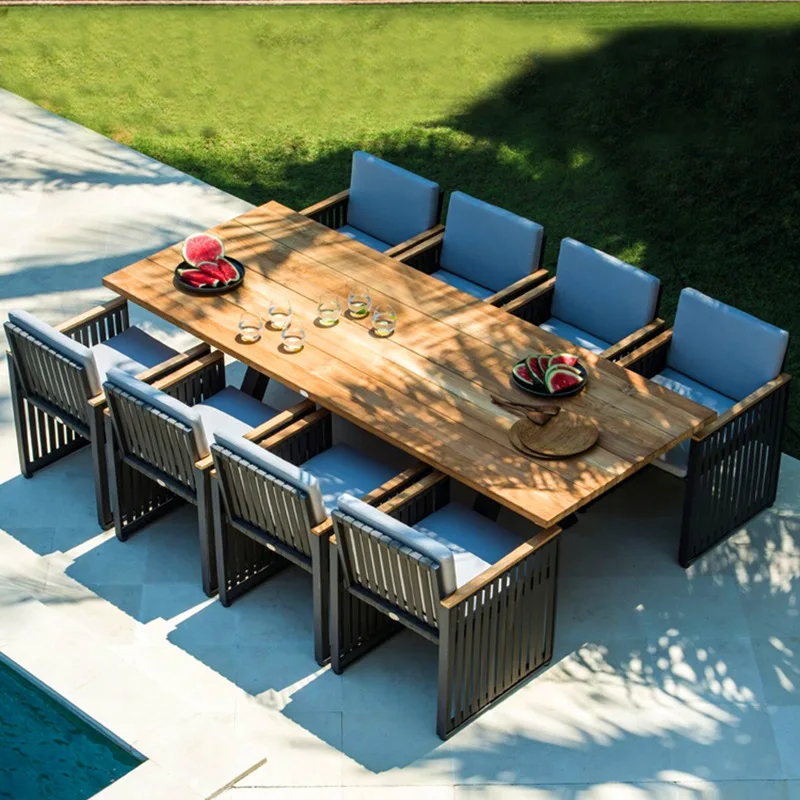 

Leisure outdoor tables and chairs aluminum alloy teak combination rain and sun protection courtyard open-air villa western