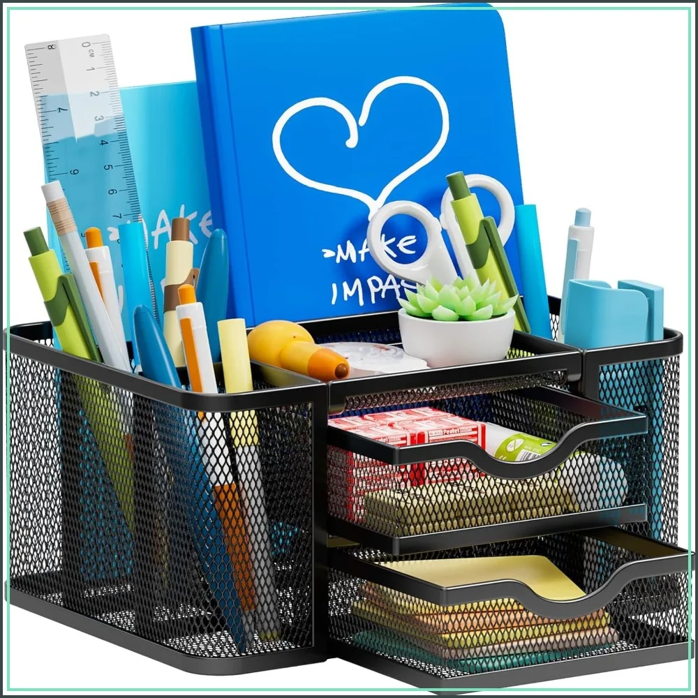

Mesh Desk Organizer with 2 Drawers, 5 Compartments, Multi-Functional Pencil Holder for Office Art Supplies