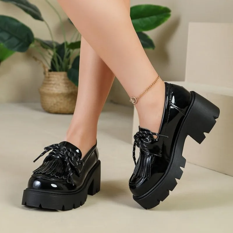 Women's Loafers Round Toe Platform Block Heel  Fringe Tassel Detail Lace Up Chunky Sole Preppy Style