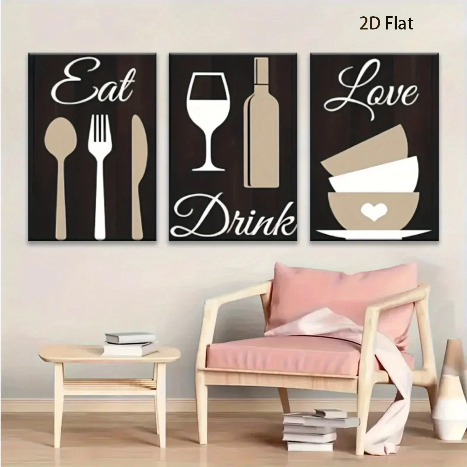 (No frame)2D Flat, 3pcs 2D Flat The kitchen decoration features the phrase 'eat, drink, love'Art poster, suitable for cafe, l
