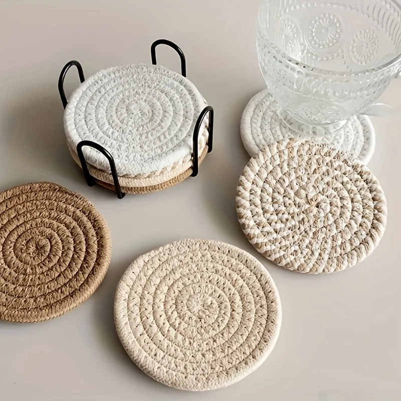 Posavasos de estilo bohemio con 1 soporte, posavasos absorbentes, estilo tejido simple, posavasos termoisolantes hechos de materiales duraderos