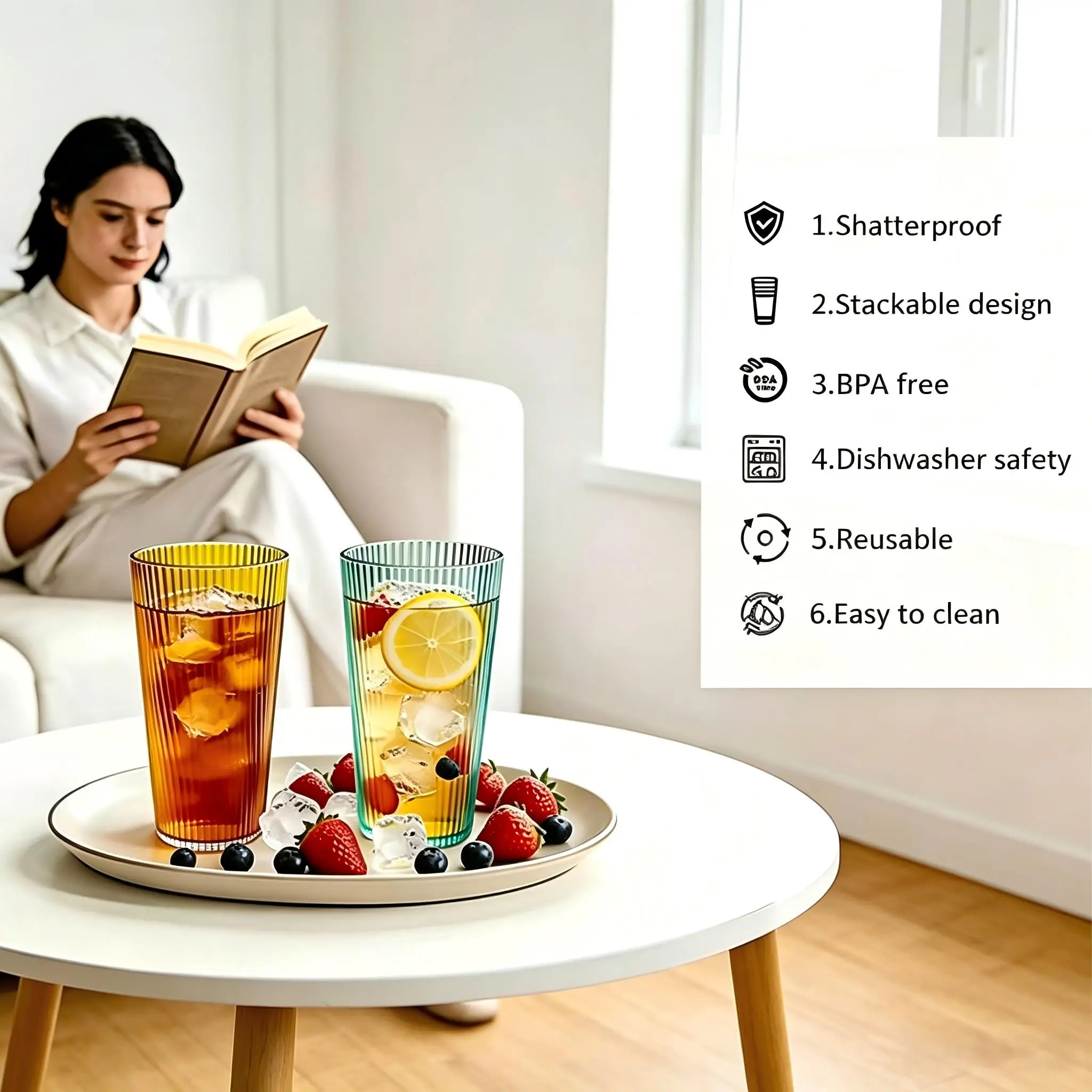 Plastic Water Cup 8-Piece Set, 19oz Shatter-Resistant Kitchen Cups, BPA-No Acrylic Glasses, Ideal for Home, Bar, Parties