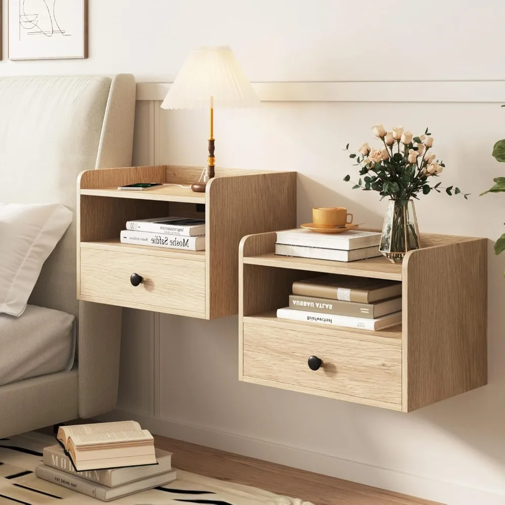 

floating nightstand set of 2 modern night stands with drawer and open shelf cubby small bedside end table with charging station