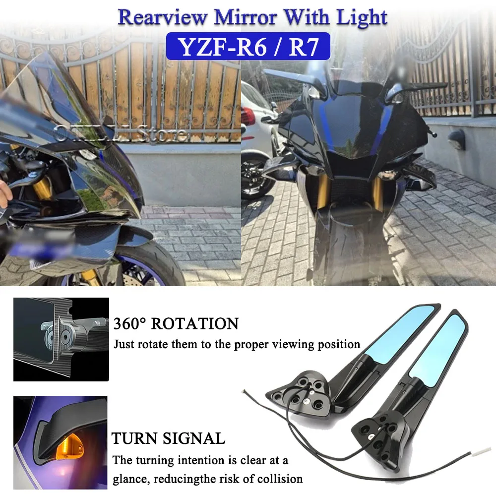 

Motorcycle Wind Wing Adjustable Rotating with LED Light Rearview Side Mirrors For Yamaha YZF R7 2021-2025 YZF R6 2017-2020