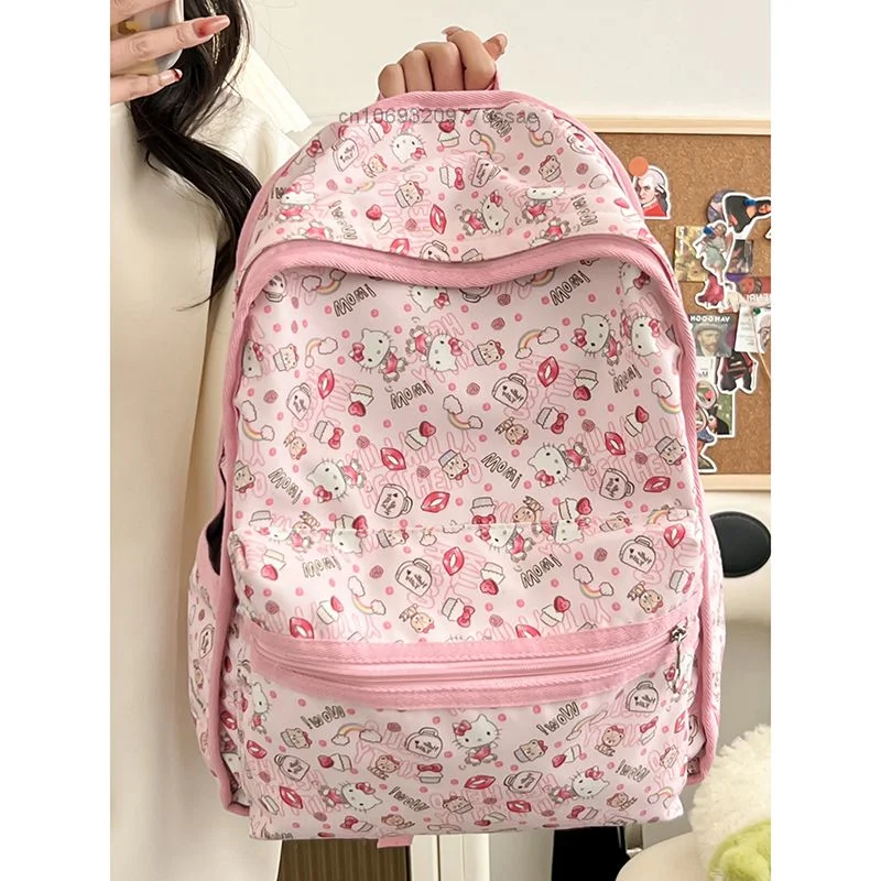 Sanrio Hello Kitty Melody Pink New Backpack for Women Y2k Student Nylon Schoolbags, Cute Cartoon Zipper Light Travel Backpack