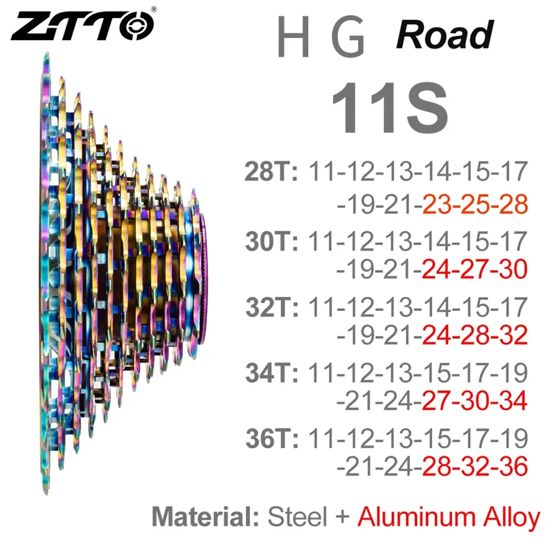 ZTTO Road Bike HG Cassette 11s 12s 11-28/30/32/34/36T Ultralight Rainbow Sprocket Gravel K7 11/12 Speed Freewheel