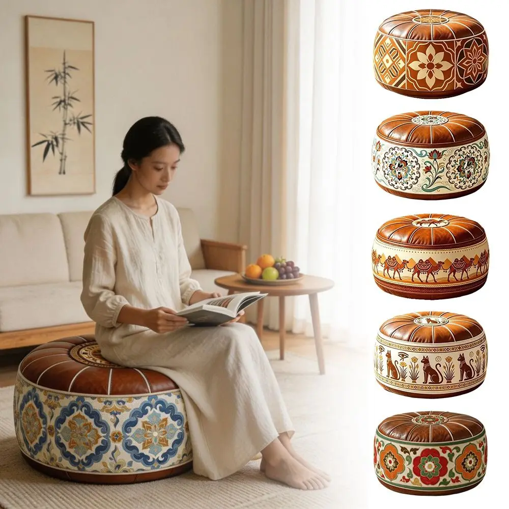 Boho Pattern Ottoman Pouf Fillable Design Large Opening Footstool Cover PU Leather Water Resistant Round Pouf Cover Home Use