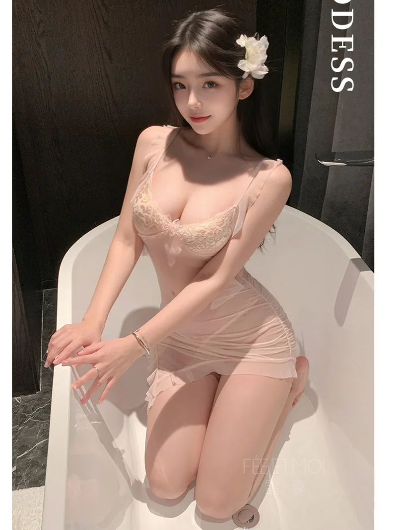 ピンクのレースメッシュ薄い透明ドレス胸露出ドレスエレガントなセクシーなタンクミニドレス薄手の韓国女性トップ 214P