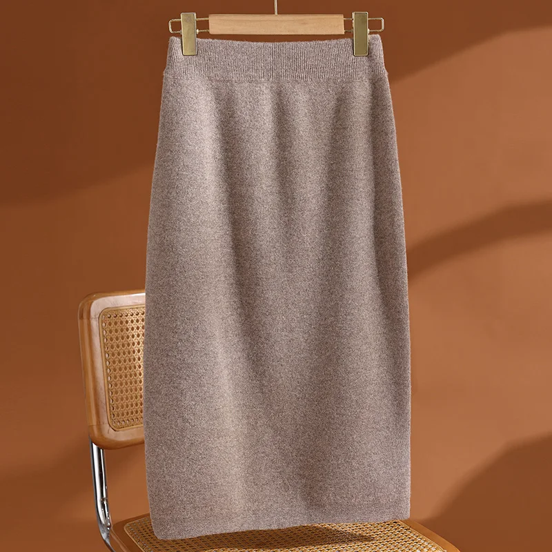 100% Pure Wool Skirt New Women's Autumn and Winter Mid-Length High-Waisted Thin Cashmere Skirt Knitted All-Match Hip Skirt