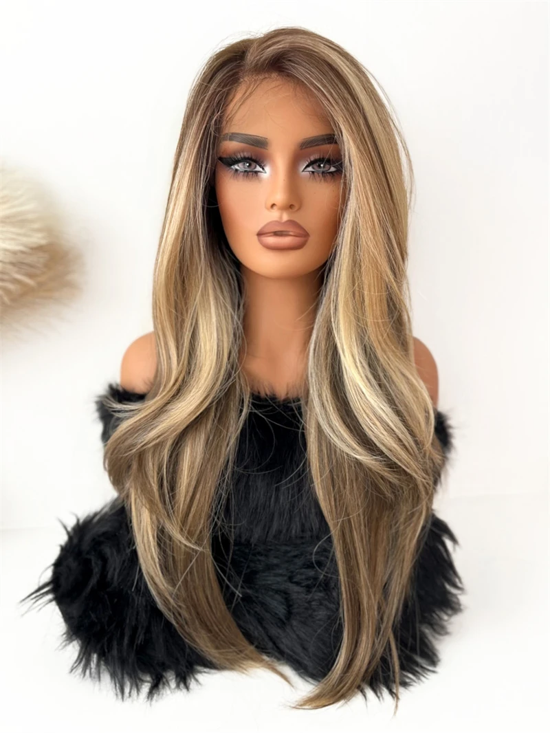 Bruin gemengd blond synthetische kant pruik pruik realistisch natuurlijk ogende natuurlijke voorgeplukte haarlijn met babyhaar voor vrouwen