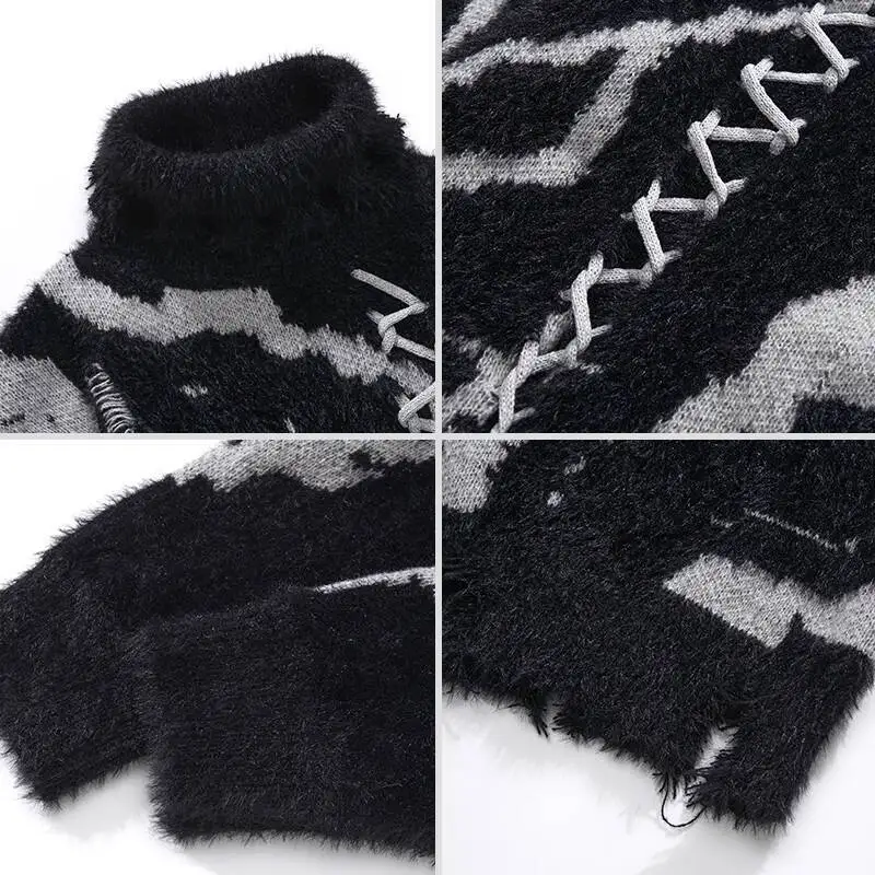 Unsiex Knitting Sweater 2025 New Unique Drawstring Sweater Man Women Oversize Dark Style High Street Hip Hop Edgy Knitwear