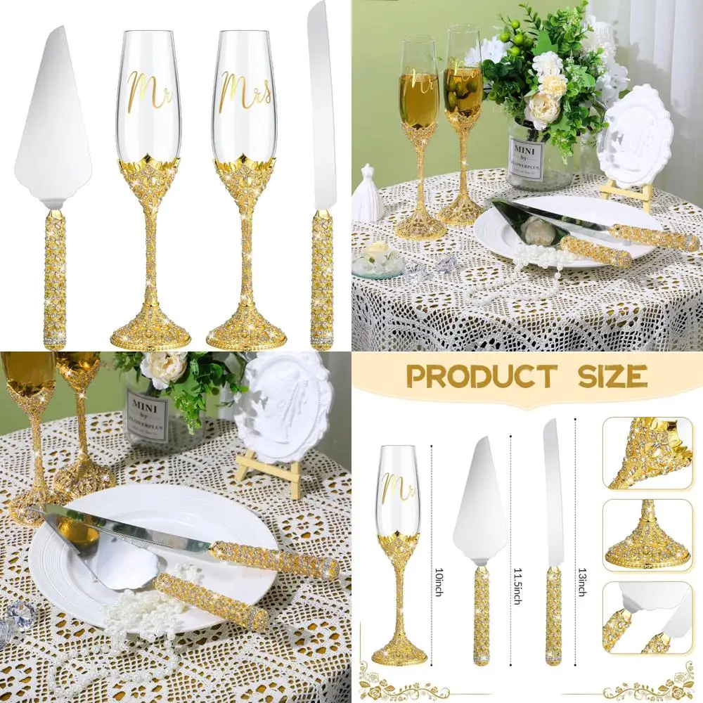 Juego de cuchillos para pastel de boda y flautas de champán: vasos de diamantes de imitación de cristal con tostado elegante para ocasiones especiales