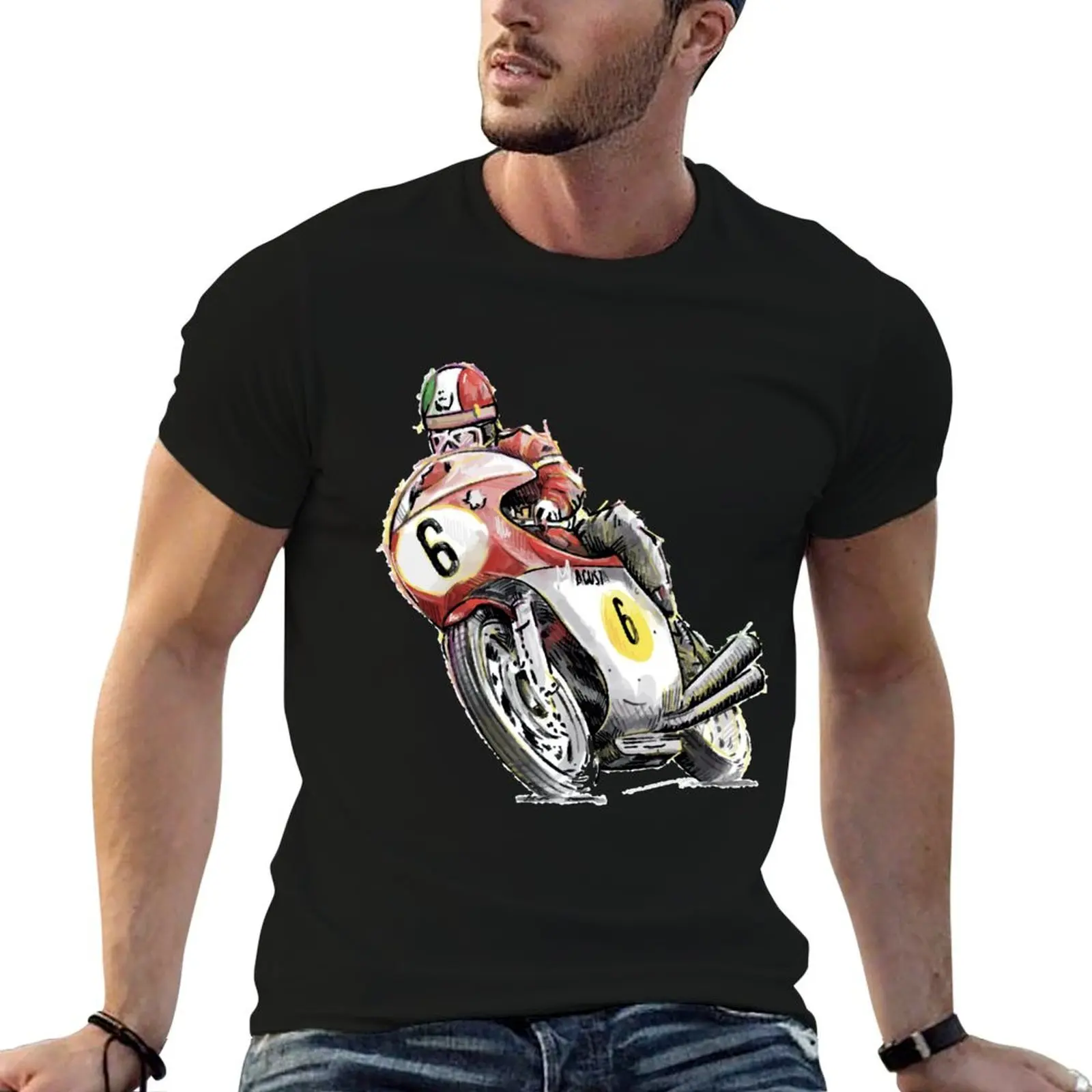Camiseta ilustrada de homenaje a la leyenda de la motociclismo, Giacomo Agostini, camiseta ilustrada de homenaje, camiseta de verano para hombre