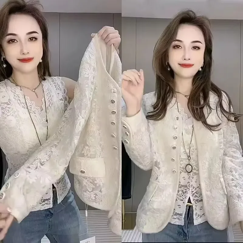 

LIBIELIY Korean Long Sleeved Jacket Women's 2025 New Spring Stand Up Collar Wind Hollowed Out Lace Coat Female Sun Protection La