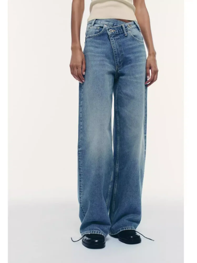 جينز نسائي عالي الخصر واسع الساق فضفاض مناسب لصديقها Sle كاجوال من القطن بسحاب كيت لون نقي للفصول الأربعة لون عميق