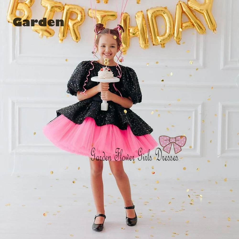 Black Pink Flower Girls Dresses with Sequined New Summer 2025 New Knee Length Short Sleeve Christmas Gowns Summer زهرة فتاة ال