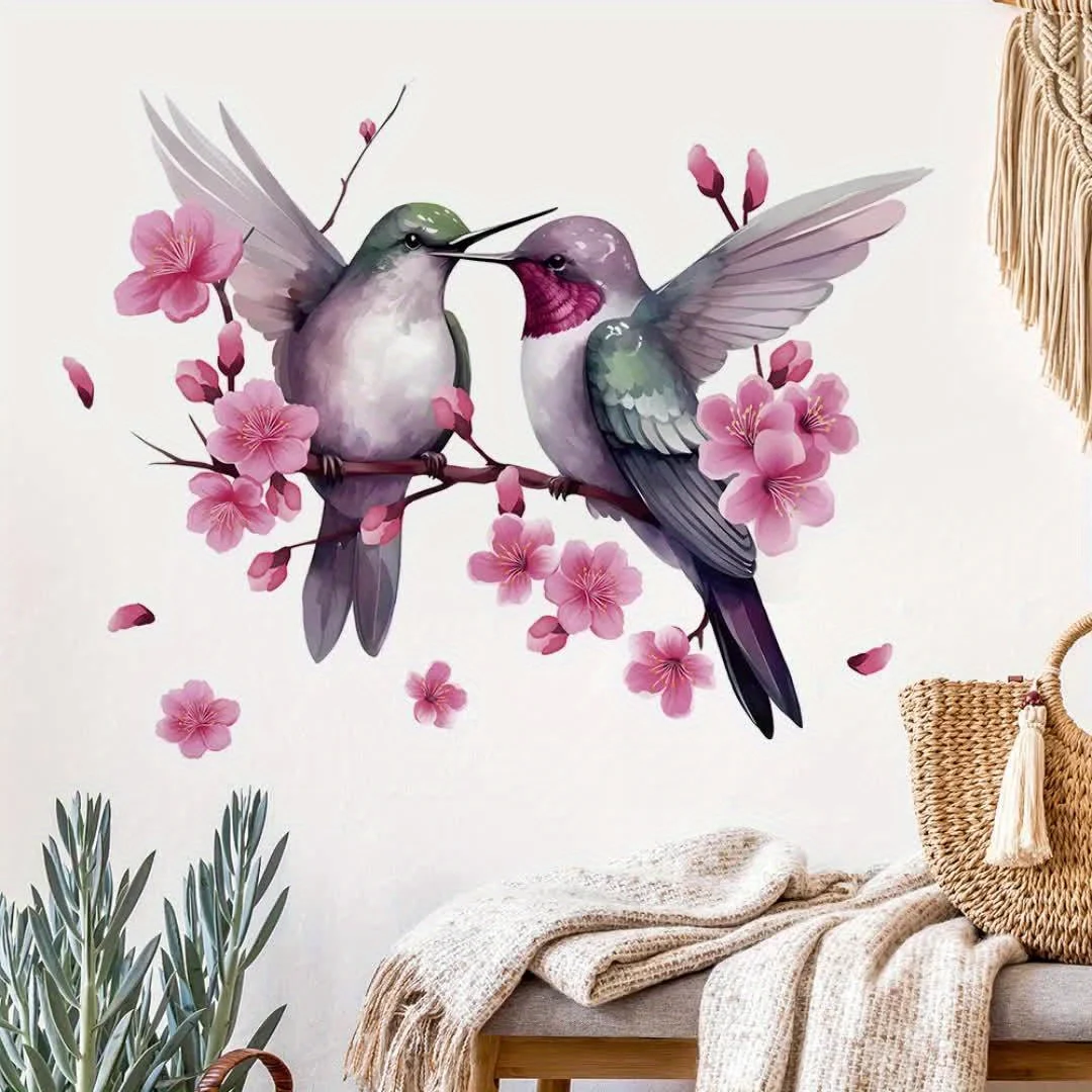 2D flat design, one piece of semi-transparent wall sticker featuring hummingbirds and peach blossoms, suitable for living rooms
