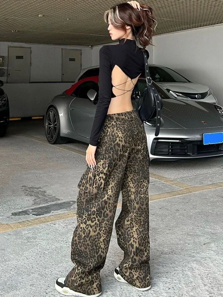 

QWEEK Leopard Print Pants Women Y2K High Waist Multiple Pockets Vintage Trousers Streetwear Hip Hop Loose Wide Leg Cargo Jeans