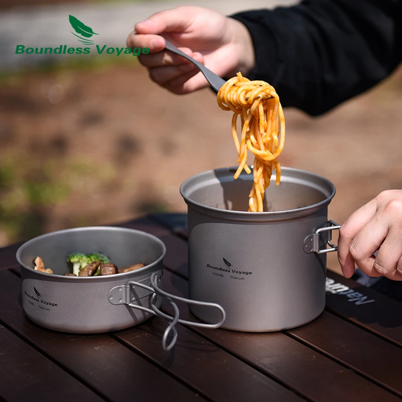 Juego de ollas de titanio Boundless Voyage con mango plegable, vajilla de cocina ultraligera para Picnic y acampada al aire libre, 1000ml + 500ml
