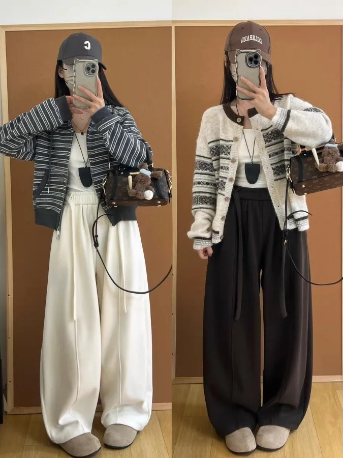 

Корейские широкие брюки Sle Thiened Fce, женские свободные повседневные брюки с эластичной резинкой на талии, прямые брюки, зимнее новое поступление