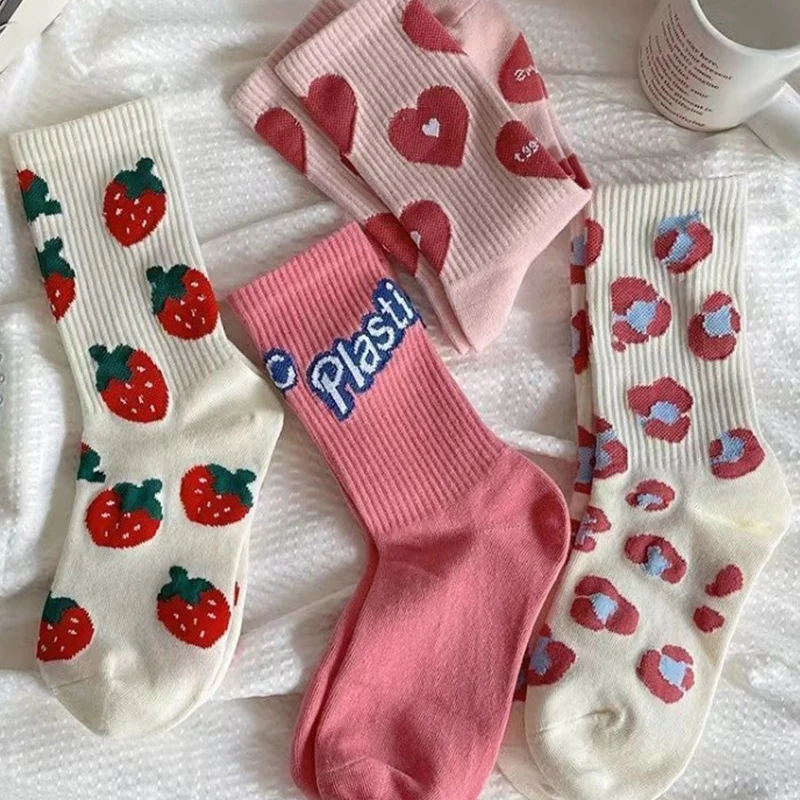 Pink Socks Women\'s Spring Trend Versatile Mid Tube Socks Love Letter Cute Kawaii Long Socks Ins Trendy Outwear Women\'s Socks