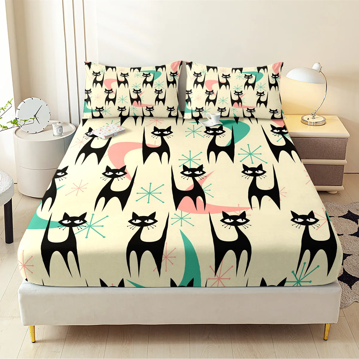 Retro Atomic Cat Design Bed Sheet Set, Breathable Polyester Material (includes 1 fitted sheet + 2 pillowcases), Mattress Protector, Elastic-Fitted Sheet, Protective Cover, Mattress Protector, Christmas-Themed Bedding, Baby Bedding, Suitable for Nursery Room