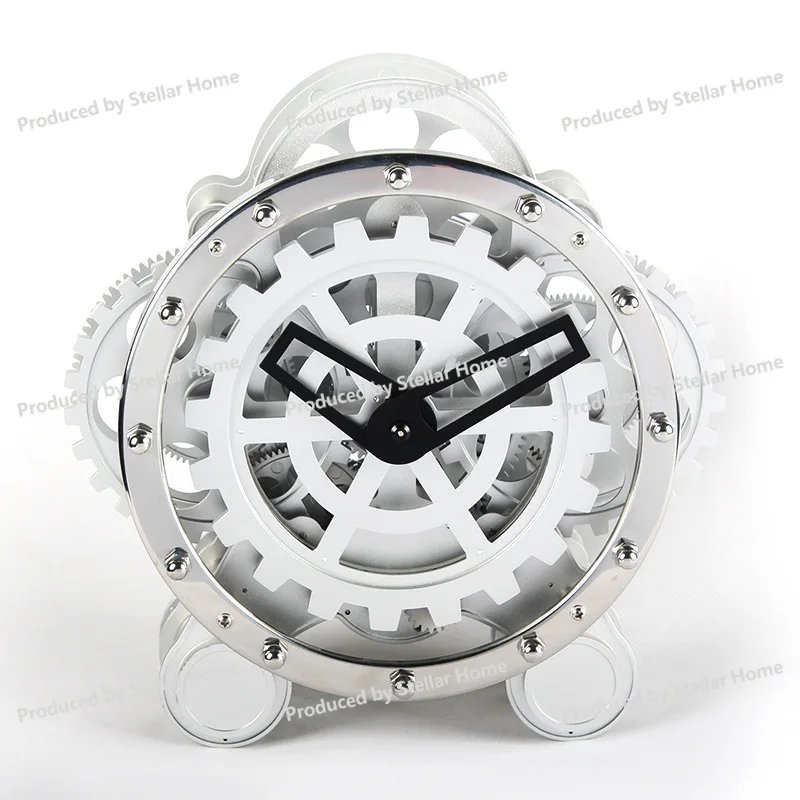 

Living Room Clock European Style Table Clock Double Foot Gear Rotating Clock Creative Stainless Steel Decorative