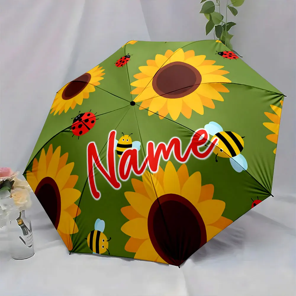 Custom Name Umbrella Sunny Day Umbrella with Bees and Ladybugs Print 8 Iron Ribs Folding Umbrella Auto-Open Fashion Sunshade