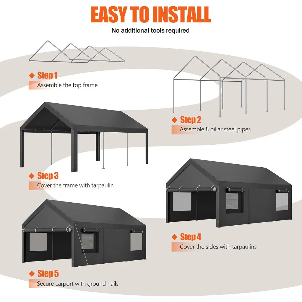 Dossel de garagem resistente com janelas de enrolar, Garagem portátil com paredes laterais e portas removíveis, Dossel do carro, 12x18.5 ft