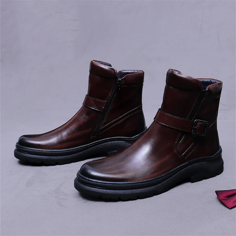 

Новые зимние мужские ботинки челси из натуральной кожи в британском стиле, на толстой подошве, теплые, с круглым носком, универсальные, модные, высокие ботинки
