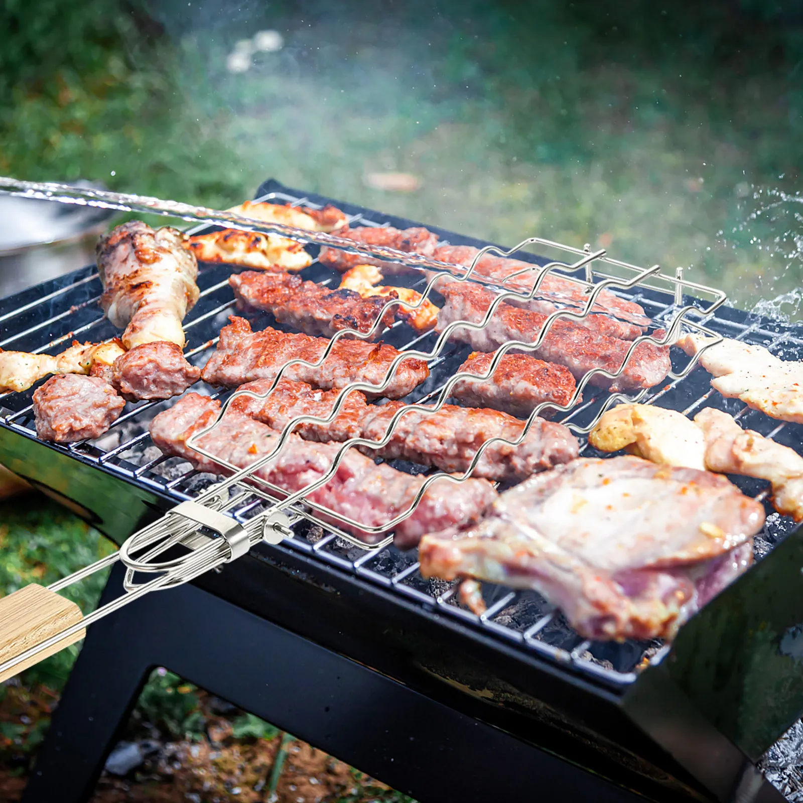 

Stainless Steel Grilling Net Wooden Handle Bbq Grill Rack For Vegetables Fish Sausage Meat Outdoor Picnic Barbecue Tool